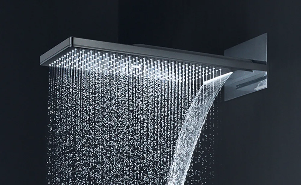 Rain shower head with a waterfall spout